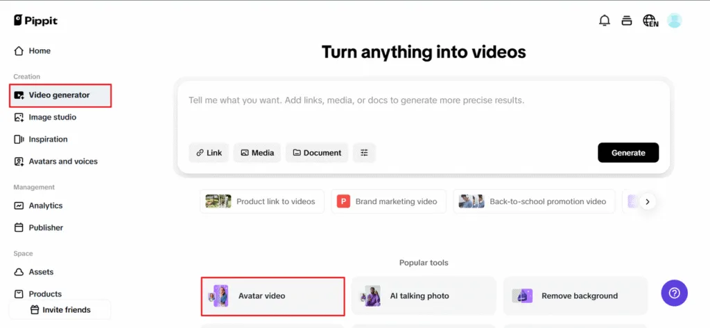 Access the video generator and choose avatars