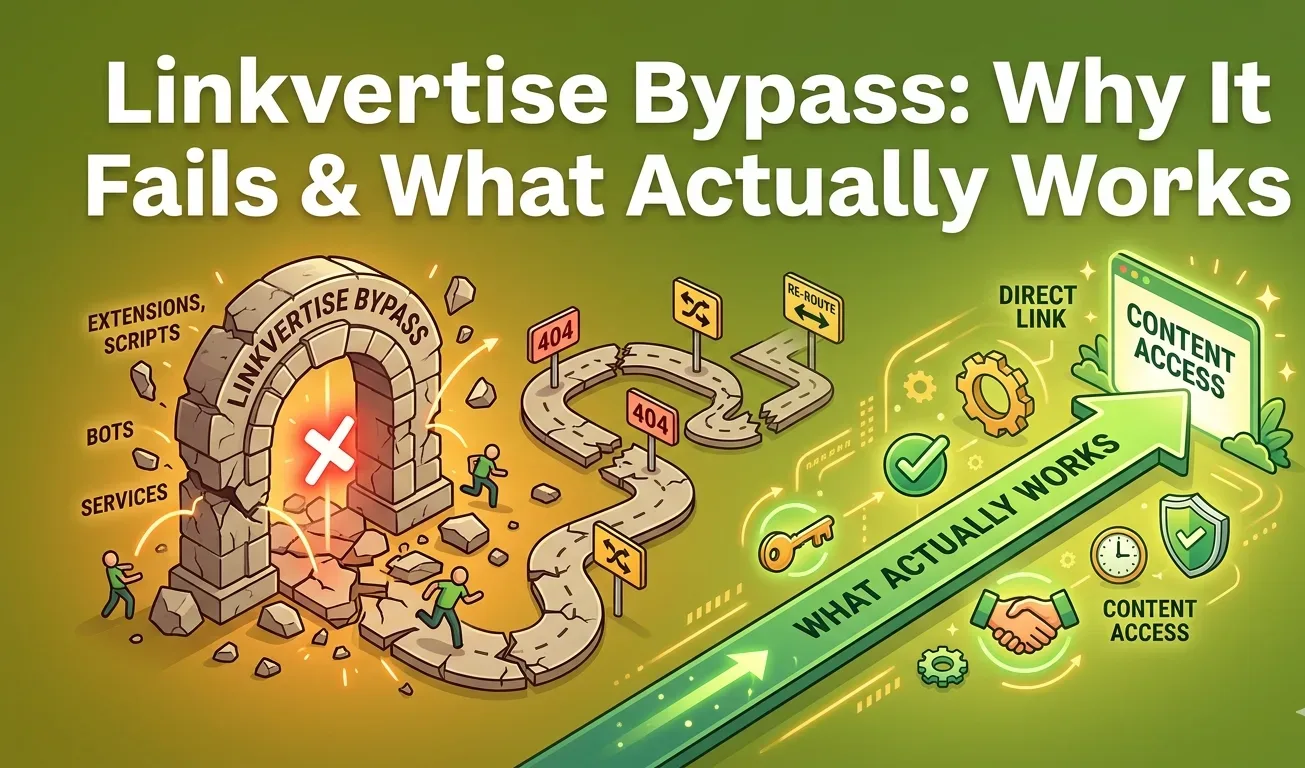 Linkvertise bypass explainer covering why browser extensions, Tampermonkey scripts, and online services fail due to server-side session validation and behavior analysis, 5-12% estimated success rates, malware risks, and creator alternatives including Lootlabs and Work.ink.