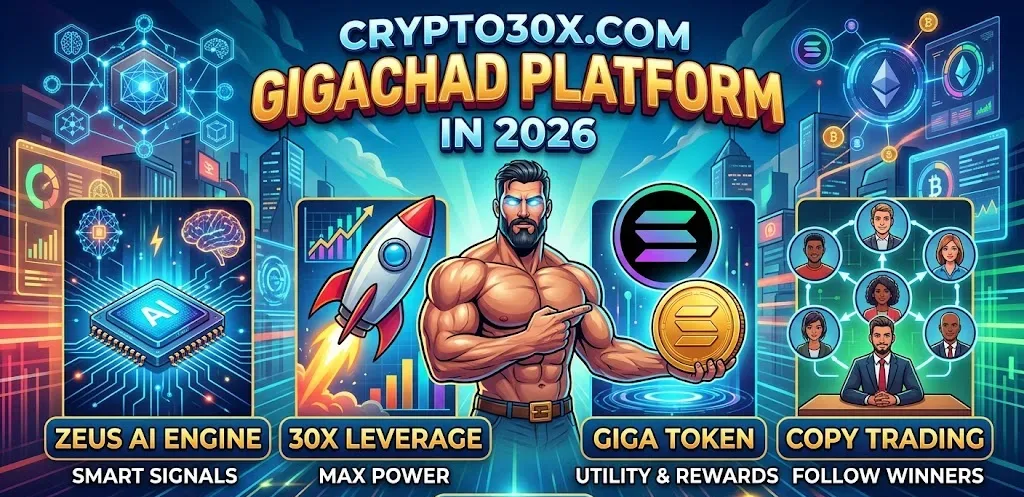 Crypto30x.com Gigachad 2026 trading platform overview page showing AI trading features, leverage stats, and GIGA token price forecast chart.