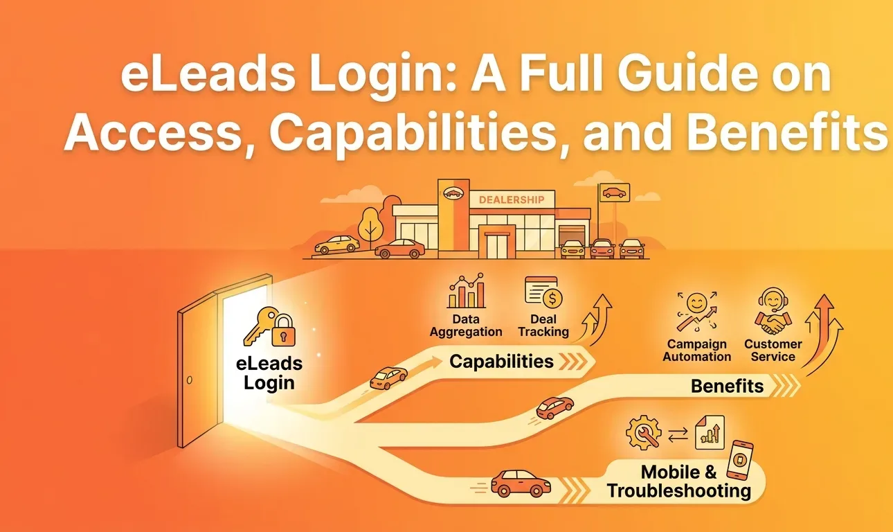 eLeads CRM login guide covering CDK Global's automotive dealership platform at eleadcrm.com, standard and SSO authentication with Okta MFA, iOS and Android mobile apps, lead aggregation and campaign automation features, and common login troubleshooting steps.