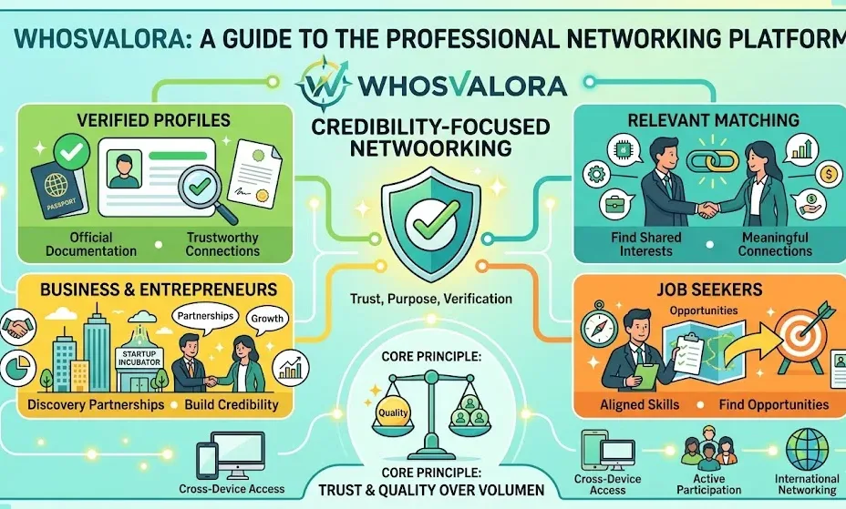 WhosValora guide page describing a verified professional networking platform focused on trusted connections, features, and user benefits.