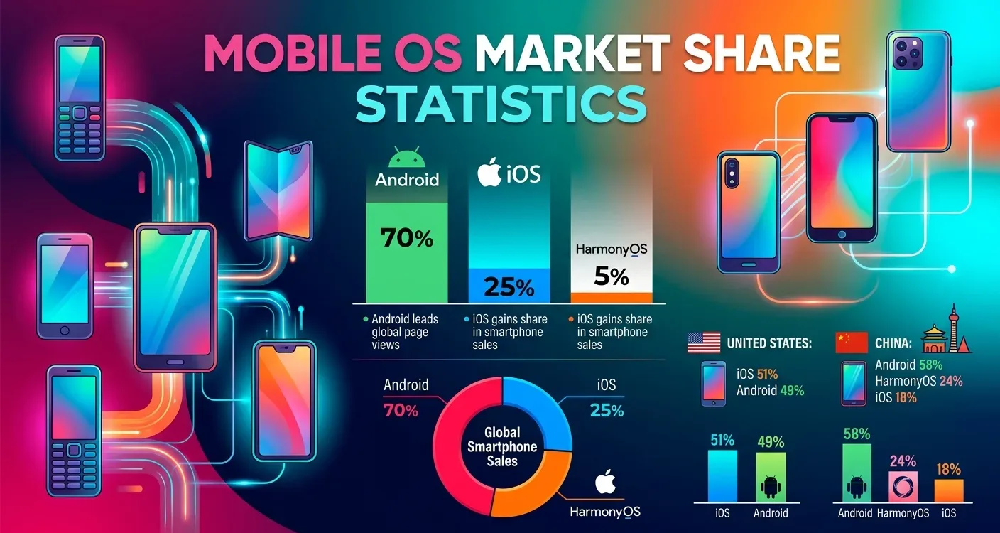 Mobile OS market share in 2026: Android leads globally, followed by iOS and HarmonyOS.