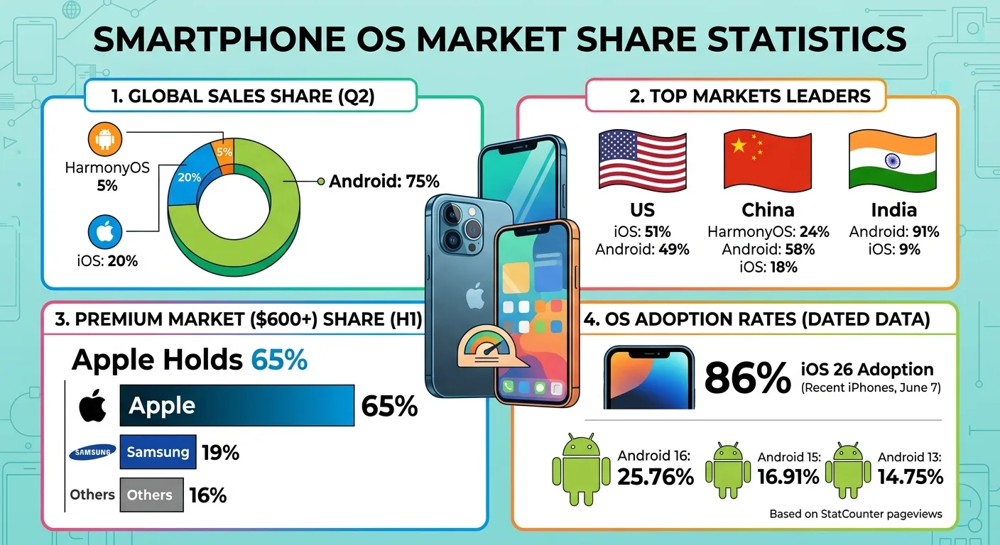 Smartphone OS market share statistics for 2026 showing Android, iOS, and HarmonyOS sales shares, web traffic, country markets, shipments, premium devices, and software versions.